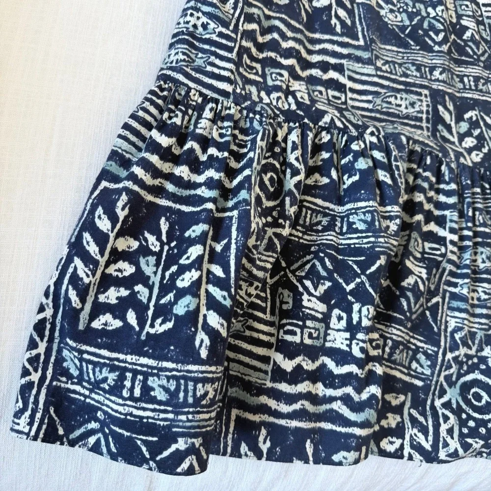 Hilo Hattie Vintage Made‎ in Hawaii Muumuu Dress Blue Tribal Ruffle Midi L NICE